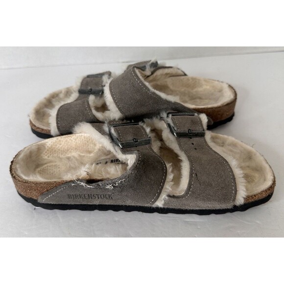 Birkenstock Shearling Sandals 39 Suede Leather Stone